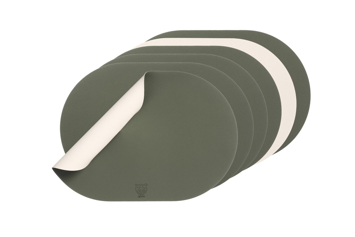 Set de table ovale réversible - 6 pièces - Cuir recyclé blanc crème et vert de gris